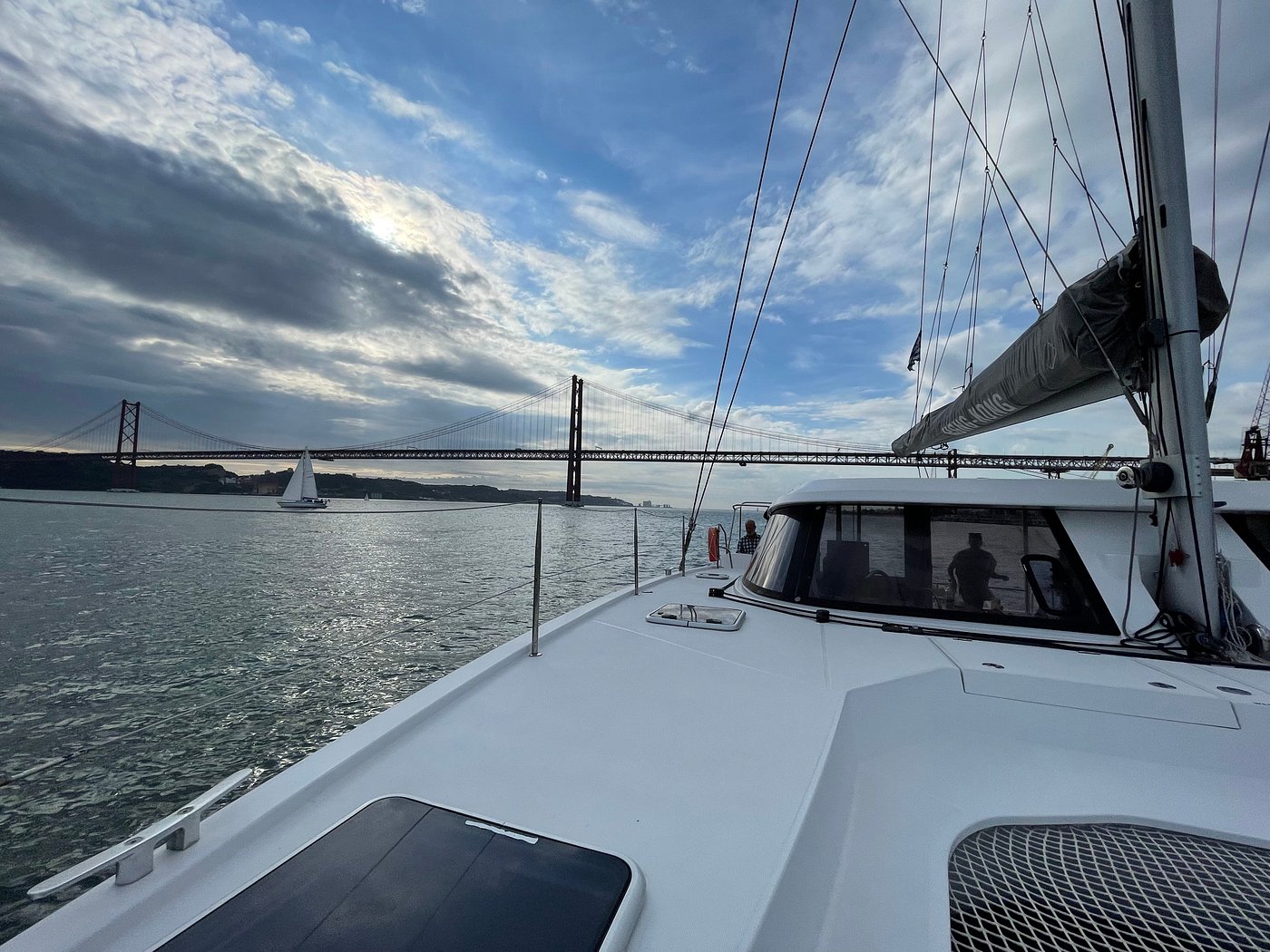 Front deck sunbathing area on Lisbon catamaran 